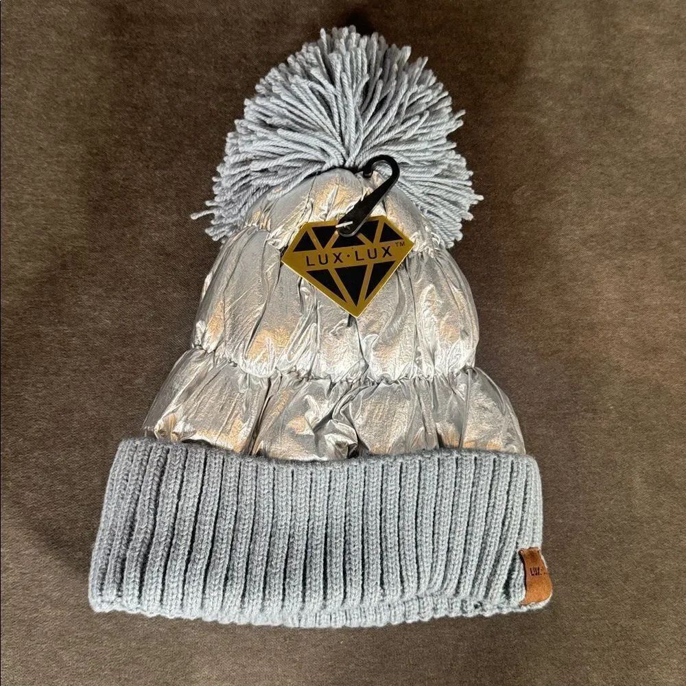 Adult Lux Lux Silver Puffer Beanie with Pom One Size fits Most NEW